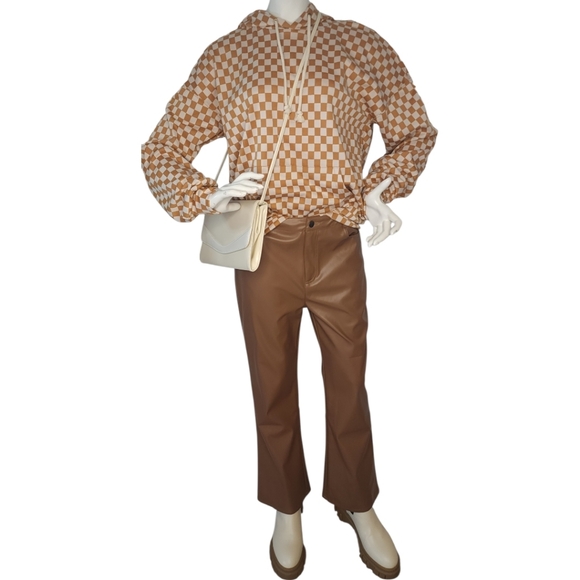 NWT Ampersand Camel Cream Checker Hoodie Y2K Retro Cozy Winter Streetwear Medium - Picture 1 of 5